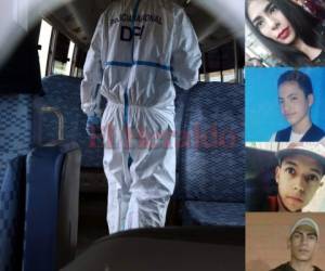 En la imagen personal de la DPI inspecciona la unidad de transporte decomisada para investigación. Al lado derecho Katherine Julissa Murillo Salgado, Brayan David Cruz, Axel Omaly Guzmán Cruz y Darwin Gónzalo Murillo Salgado, las víctimas de la masacre en la colonia El Carrizal. Fotos Estalin Irías| Jimmy Argueta| EL HERALDO