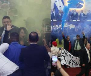 El Hemiciclo Legislativo se convirtió en un campo de batalla durante la noche del pasado lunes 23 de marzo, tras la aprobación de la denuncia para iniciar un juicio político contra el fiscal general, Johel Zelaya. Entre caídas, empujones y humo, así se vivió la sesión. A continuación las imágenes de lo que no se vio.