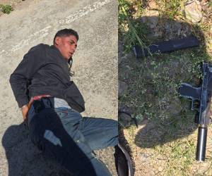 Carlos Daniel Palma Murillo, de 21 años de edad, Calolo, al caer al pavimento, tras el asedio de la Policía. El arma decomisada que portaba el detenido.