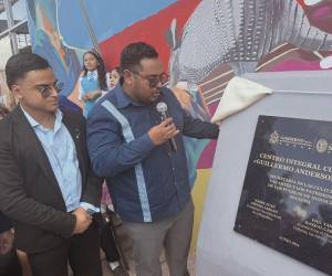 La obra fue reemplazada con esta placa que tiene el nombre del ministro Handal y del presidente Nasry Asfura.