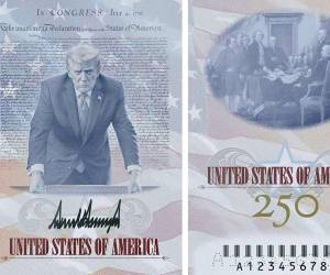 En el interior del documento aparece una ilustración de Trump de pie, con gesto serio, ligeramente inclinado hacia adelante y apoyando ambos puños sobre una mesa.