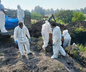 Personal de la morgue del Ministerio Público (MP), en la labor del terraje de los cuerpos en el cementerio Jardín de los Ángeles.