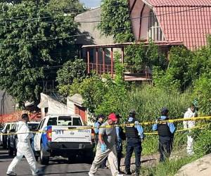Agentes de la Policía Nacional acordonaron el lugar de la escena donde encontraron el cuerpo embolsado del hombre en un solar baldío en la colonia Miramontes de Tegucigalpa.