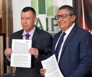 Hermes Moncada, comisionado presidente del Instituto de Acceso a la Información Pública (IAIP), y Carlos Hernández, director ejecutivo de la Asociación para una Sociedad más Justa (ASJ). firmaron el convenio.