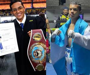 Gerardo “Chocolate” Sánchez posa con el cinturón de campeón mundial durante la ceremonia en la que recibió su título como licenciado en Periodismo.