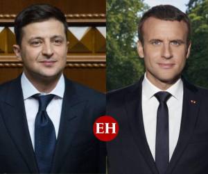 Volodimir Zelenski mandatario de Rusia y Emmanuel Macron presidente de la República Francesa.