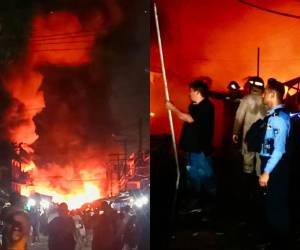 Un devorador incendio que inició en un negocio de cohetes consumió la mayoría de puestos ubicados en la calle 6, en el barrio Medina, en la ciudad de San Pedro Sula, registrado durante este lunes 29 de diciembre.