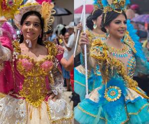 Tonos rosa, azul oscuro y celeste, flecos dorados y plumas exóticas son algunos de los detalles destacados en los trajes de las palillonas de Danlí, El Paraíso, conocidas por sus llamativos vestuarios y belleza que engalanan las fiestas patrias.
