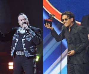 El cantante mexicano Christian Nodal celebra luego de ganar el Latin Grammy a Mejor Álbum de Música Ranchera este jueves, en Las Vegas. Por otro lado, una fotografía de su suegro, Pepe Aguilar durante su presentación en la misma premiación.