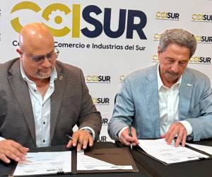 Juan Carlos Javier Medina, presidente de la Cámara de Comercio e Industrias del Sur y Epaminondas Marinakys, ministro del Consejo Nacional de Inversiones (CNI), firmaron el convenio de cooperación.