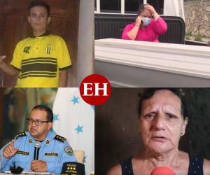 En la esquina superior izquierda: Wilson Pérez; en la derecha: su hermana Paola junto a su ataúd. En la esquina inferior izquierda: Gustavo Sánchez, director de la Policía; en la derecha: la madre de Wilson.