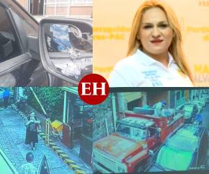 En la primera imagen se muestra la fotografía compartida por la diputada, en donde se ve el retrovisor de su carro quebrado. En las fotografías inferiores se le ve ingresando a pie al Congreso y en la otra cuando la volqueta choca con su vehículo en un intento por circular por la angosta calle donde se estacionó.