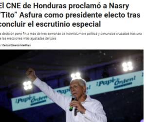 El Consejo Nacional Electoral (CNE) declaró oficialmente este miércoles 24 de diciembre a Nasry Asfura, del Partido Nacional, como el nuevo presidente electo de Honduras 2026-2030 con un total de 1,479,822 votos. Así lo informaron los medios de comunicación en el mundo.