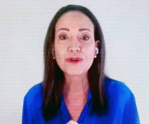 La líder opositora venezolana y Premio Nobel de la Paz María Corina Machado en una reciente intervención por vídeoconferencia.