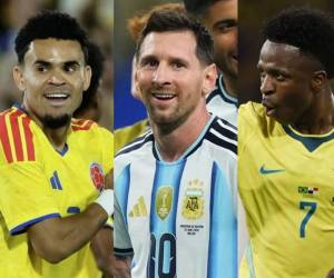 Luis Díaz, Lionel Messi y Vinícius Júnior, las máximas estrellas del continente sudamericano.
