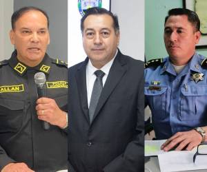 A la izquierda figura el inspector general de la Policía Nacional, comisionado general Farid Allan; en el centro, el subsecretario de Seguridad, Mésil Aguilera; y a la derecha, el director de Inteligencia Policial, Hugo Leonel Velásquez Aguilera.