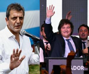 El ministro de Economía argentino y candidato presidencial del partido Unión por la Patria, Sergio Massa y a la derecha, el congresista Javier Milei.