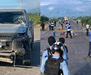 Restos de los vehículos involucrados, la presencia policial y el cierre de la vía muestran la magnitud del accidente ocurrido en Olanchito.
