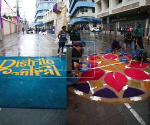 Desde finales de marzo, decenas de personas trabajan en la confección de estas alfombras sobre la avenida Miguel Ángel Cervantes, una de las principales arterias del Distrito Central. Así se van pintando las calles capitalinas: