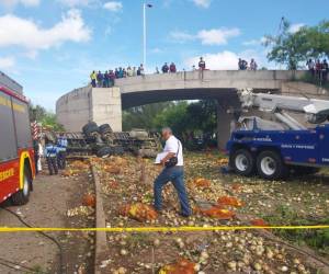 El pesado camión cargado de cebollas arrasó con todo a su paso hasta volcarse cerca del puente a desnivel.