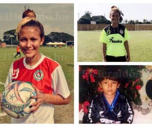 Bárbara Murillo posa con la camisa del Curtuluá en los entrenos y con Motagua cuando era una niña, el equipo de sus amores. Foto: El Heraldo.