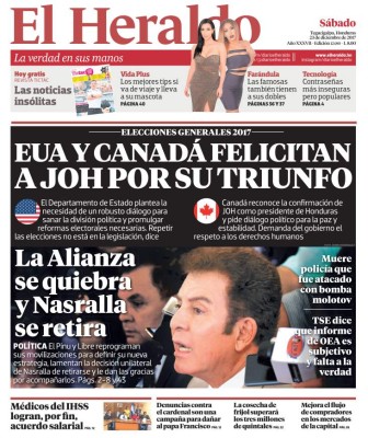 EUA y Canadá felicitan a JOH por su triunfo