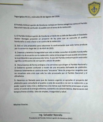 Honduras: Pac aboga por un plebiscito que contenga una sola interrogante