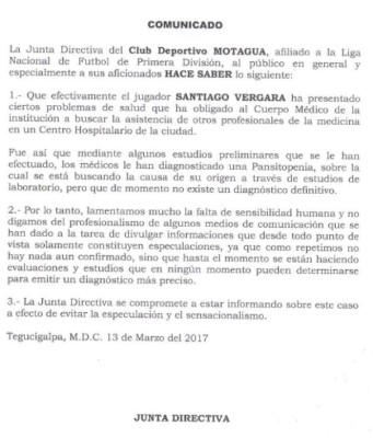 El mediocampista de Motagua Santiago Vergara sufre pancitopenia