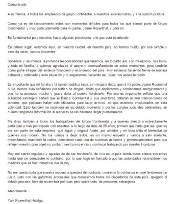Comunicado de Yani Rosenthal al pueblo hondureño