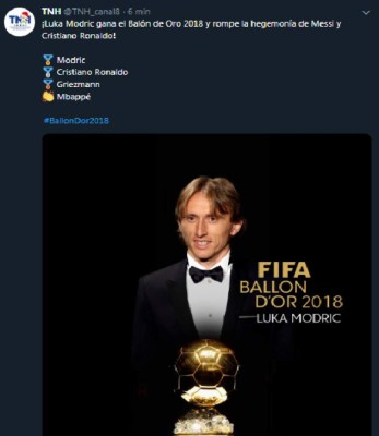 Reacciones en Twitter tras el nombramiento de Luka Modric como Balón de Oro