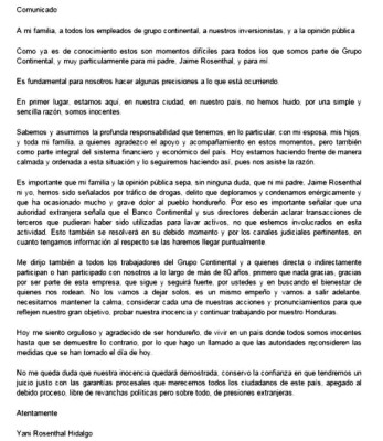 La carta que publicó Yani Rosenthal