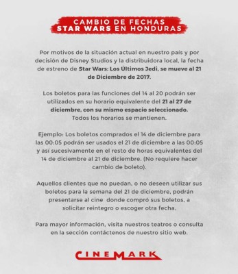 ¡Inesperado! Reprograman estreno de 'Star Wars: Los Últimos Jedi' en Honduras