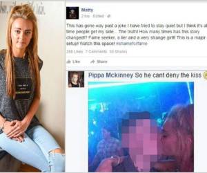 Ella es Pippa junto a la publicación de Matt donde la culpa a ella e intenta limpiarse las manos. Más abajo la foto de Matt y Pippa besándose.