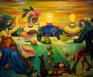 “Disertación de los poetas en la mesa” (2000). Un realismo desconcertante recorre esta obra en la que lucidez, elegancia y bohemia se asocian para definir su concepto. Foto: Daniela Lozano.