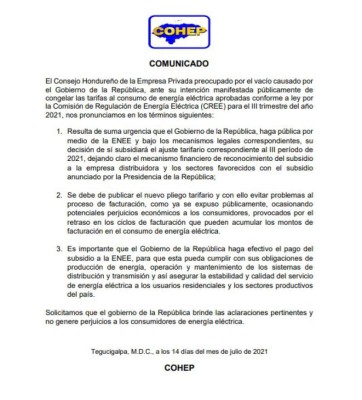 Cohep insta al gobierno a publicar el nuevo pliego tarifario de la energía