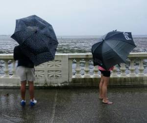 La gente mira desde Bayshore Boulevard mientras la marea retrocede desde Tampa Bay cuando se acerca el huracán Ian a Florida.