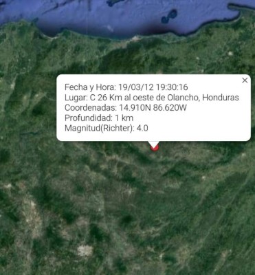 Registran sismo de 4.0 grados al oeste de Olancho