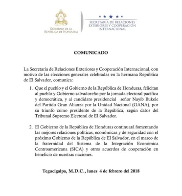 Gobierno de Honduras felicita a Nayib Bukele por su triunfo en El Salvador