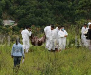 Personal forense carga los cadáveres hallados en fosas clandestinas en la capital de Honduras. Foto: Estalin Irias/ EL HERALDO