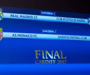 The match fixtures are shown on an electronic panel following the semi-final draw of the UEFA Champions League 2016/17, at the UEFA Headquarters in Nyon, Switzerland, Friday, April 21, 2017. (Jean-Christophe Bott/Keystone via AP)