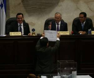 El diputado liberal Dario Banegas muestra su voto al presidente del Legislativo quien le responde con un gesto de aprobación (Foto: Alex Pérez)