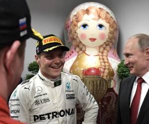 El presidente de Rusia Vladimir Putin se acercó a felicitar al finlandés Valtteri Bottas tras ganar el Gran Premio de Rusia (Foto: Agencia AFP)