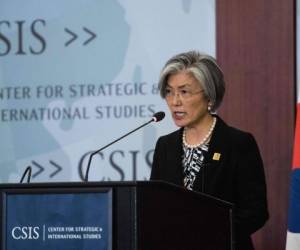 South Korean Foreign Minister Kang Kyung-wha speaks about the situation on the Korean peninsula at the Center for Strategic and International Studies (CSIS) in Washington, DC, on September 25, 2017. / AFP PHOTO / NICHOLAS KAMM