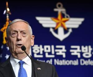 US Secretary of Defense Jim Mattis speaks during a joint press conference with South Korea's Defence Minister Song Young-Moo after the Security Consultative Meeting (SCM) at the Defence Ministry in Seoul on October 28, 2017.US Secretary of Defense Jim Mattis warned on October 28 that North Korea would face a 'massive military response' if Pyongyang ever used its nuclear weapons. / AFP PHOTO / pool / JUNG Yeon-Je