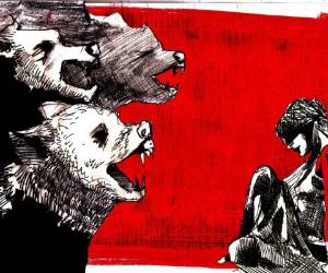 “Acecho”. La violencia contra la mujer es uno de los signos del capitalismo degradante. Homo-perros y su víctima ofrecen una escena espeluznante donde el terror congela.