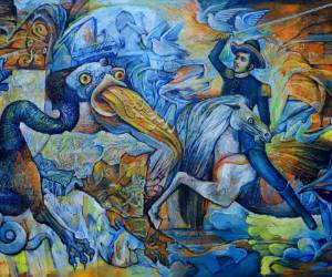 Su lucha (1992) Obra del maestro de la plástica Benigno Gómez, que ilustra la lucha de Francisco Morazán ante los enemigos de la Federación Centroamericana, representados como demonios.