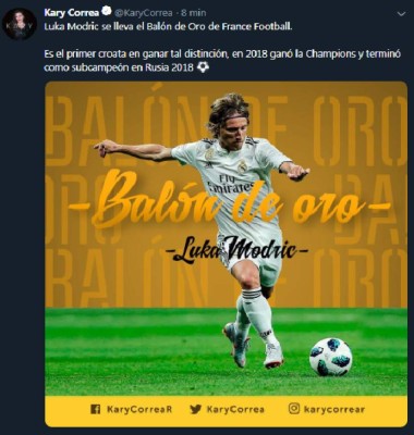 Reacciones en Twitter tras el nombramiento de Luka Modric como Balón de Oro