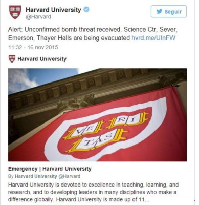 La Universidad de Harvard evacua cuatro edificios por una amenaza de bomba