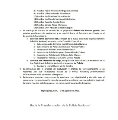 Comisión depuradora separa a 71 oficiales de la Policía Nacional