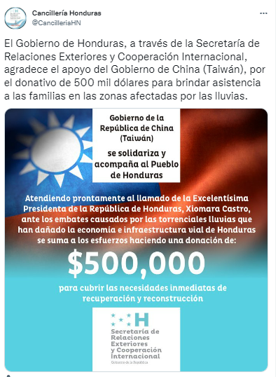 Gobierno de Taiwán dona 500 mil dólares a Honduras para atender a damnificados por lluvias